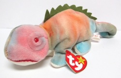 "IGGY" (Rainbow Colored, tie-dyed & Green Felt Spine) Iguana<br>Ty-Beanie Baby-<b>RARE</b><br>(Click Picture-FULL DETAILS)